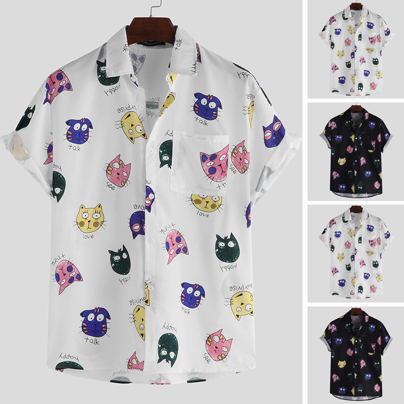 White shirt with colorful cat pattern on a hanger, surrounded by smaller images of the shirt.