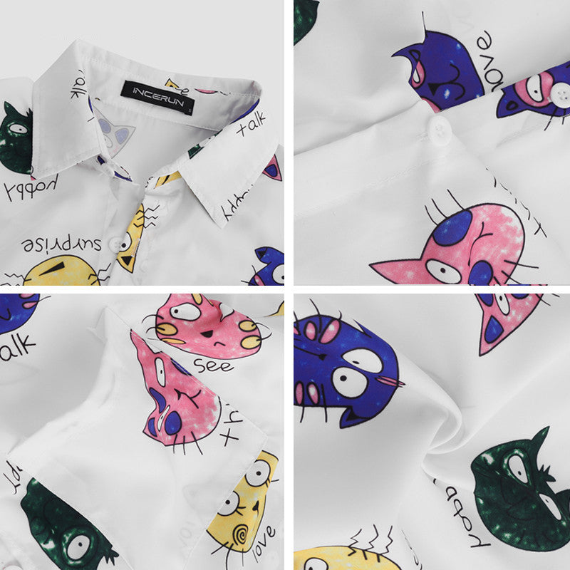 White shirt with colorful cartoon cat designs and text on a white background
