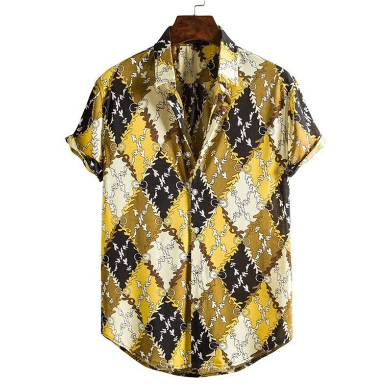 Short-sleeve shirt with a geometric pattern on a white background